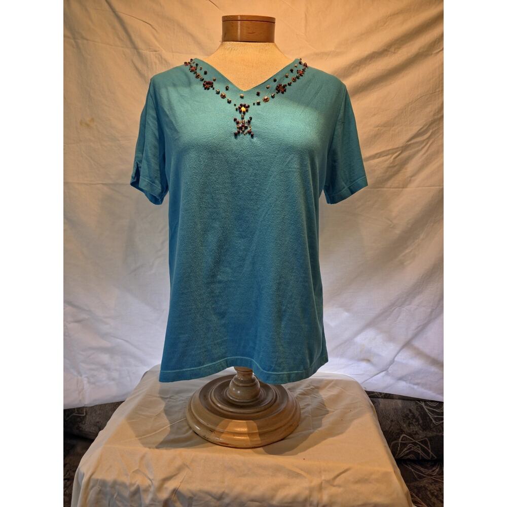Denim & Co Med Shirt Aqua W/beads